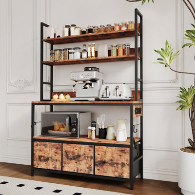 Kitchen Baker’s Rack with Charging Station, Microwave Stand with Drawers, Hooks, Rustic Brown Freestanding Coffee Bar Station, Utility Storage Shelf for Kitchen