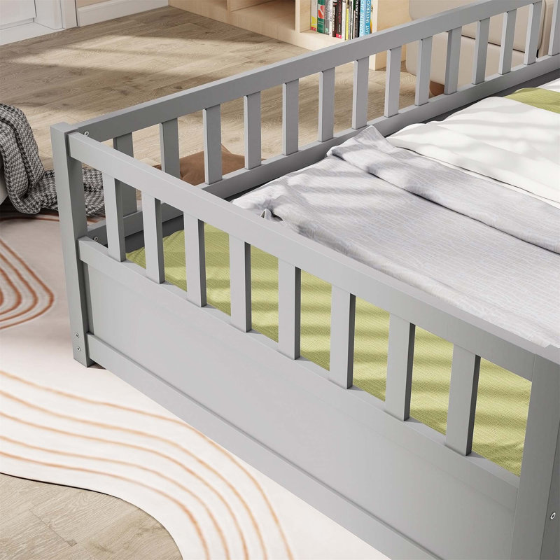 Lit de plancher robuste en bois pour enfants avec caractéristiques de sécurité avancées et conception pratique, Gris