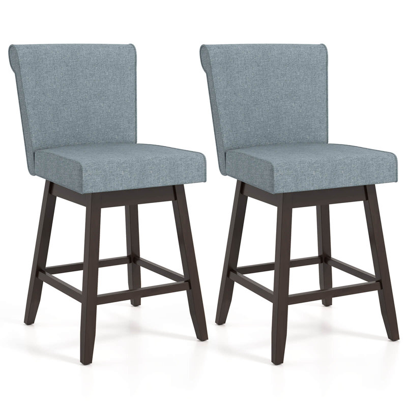 27" Swivel Bar Stools With Rubber Wood Legs Upholstered Linen Bar Chairs, 2, Gray Seat/Black Frame