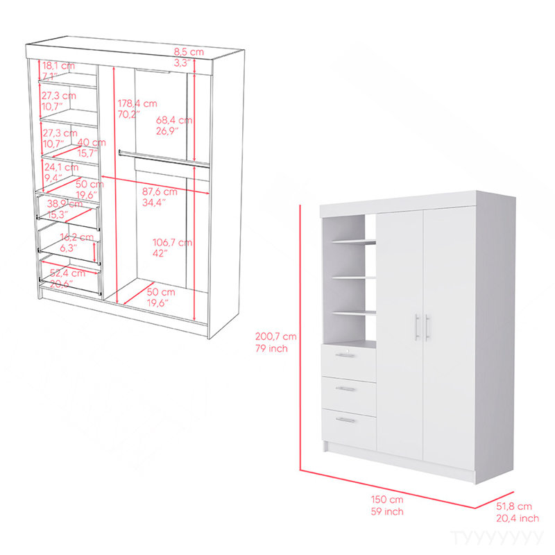 Armoire Rumanu, chambre à coucher, blanc, Blanc