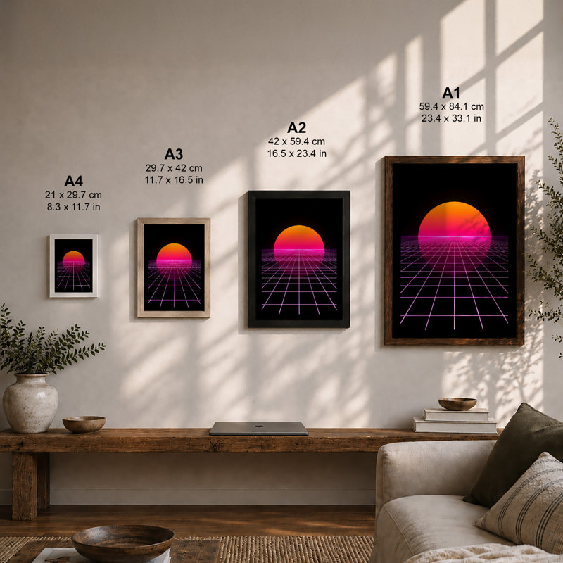 Neon Horizon Retro - Framed Print, A2 - 59.4 x 42.0 cm, Walnut