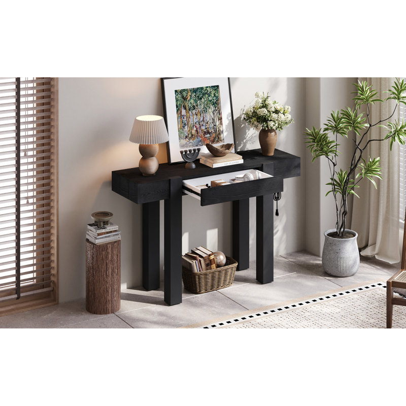 Console rustique minimaliste avec tiroir caché, prise de courant latérale, table d'entrée en bois pour les entrées, les salons et les bureaux personnels (noir), table