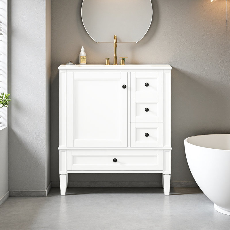 Meuble-lavabo moderne de 30 po avec lavabo en céramique, salle de bain blanche avec 3 tiroirs, armoire de rangement moderne en bois massif, idéale pour la maison