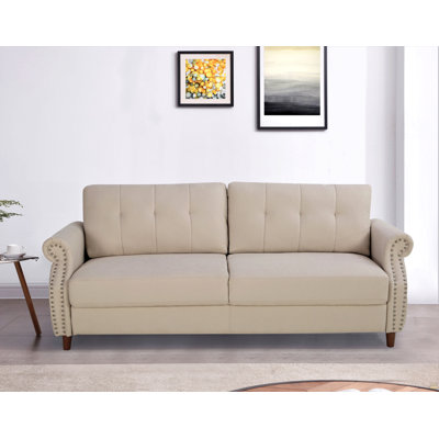 Transitional Button Tufted Loveseat Sofa, Rolled Arm with Nailhead Trim Polyester Fabric 2-Seater Couch, Solid Pine Frame Round Rubber Legs for Living Room, Multi Colors Option
