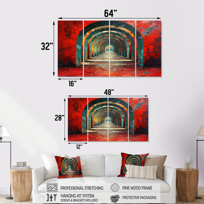 Red Green Glowing Gateway Tunnels - Tunnels Canvas Art Set, 28" H x  48" W