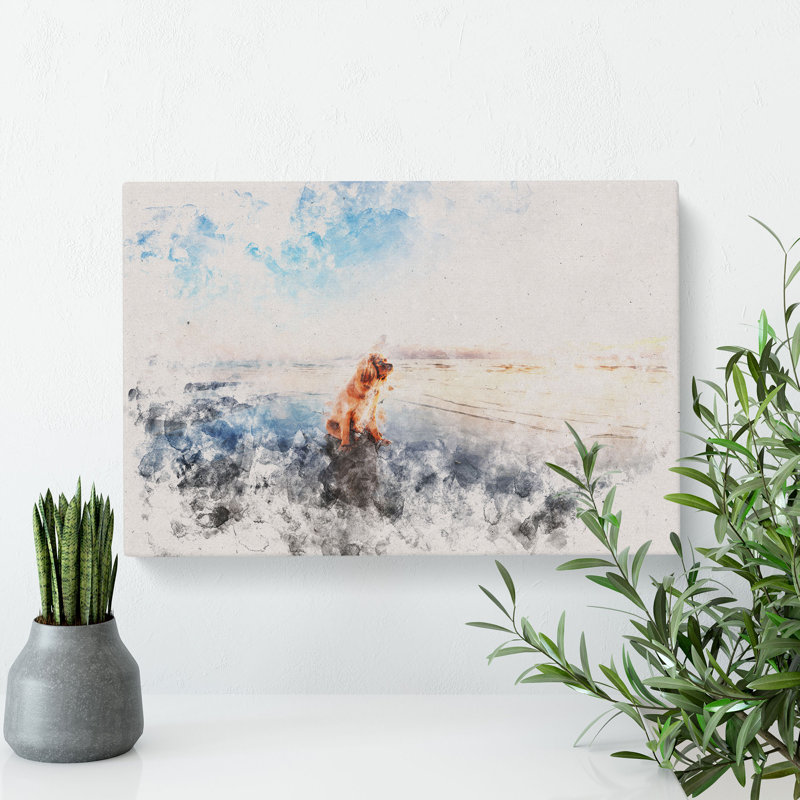 King Charles Spaniel upon the Beach Watercolour - Wrapped Canvas, 60cm H x 91cm W x 3cm D