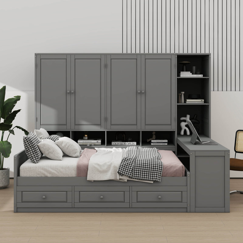 Lit de jour en bois avec trois tiroirs, rangement combiné, bureau et système d'étagères, gris, Double