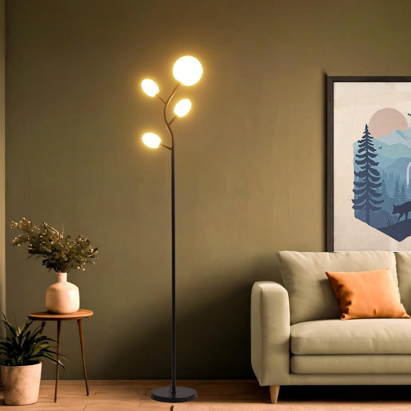 Tree Floor Lamp With 4 Frosted Globe And Led Bulbs, Vintage Standing Lamp, Black