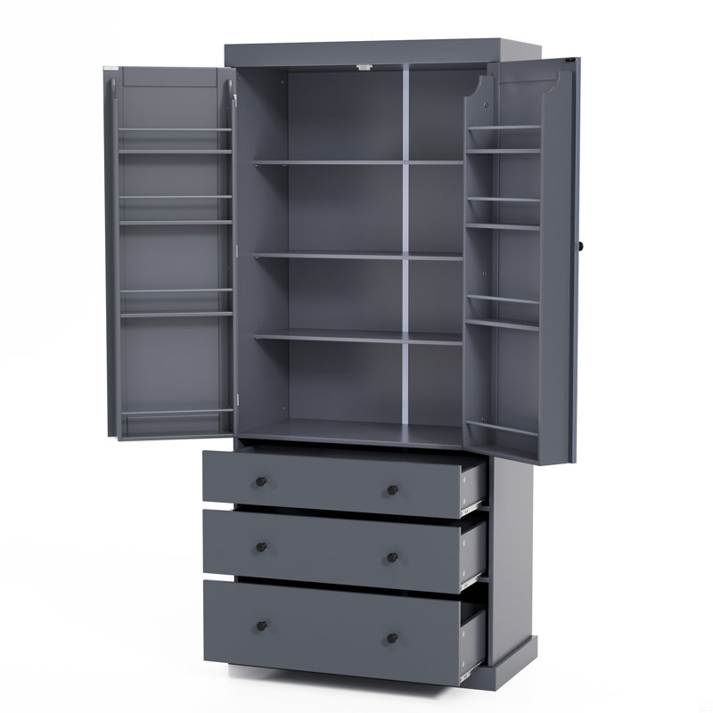 Farmhouse Kitchen Pantry, Freestanding Tall Cupboard Storage Cabinet With 3 Adjustable Shelves, 8 Door Shelves, 3 Drawers