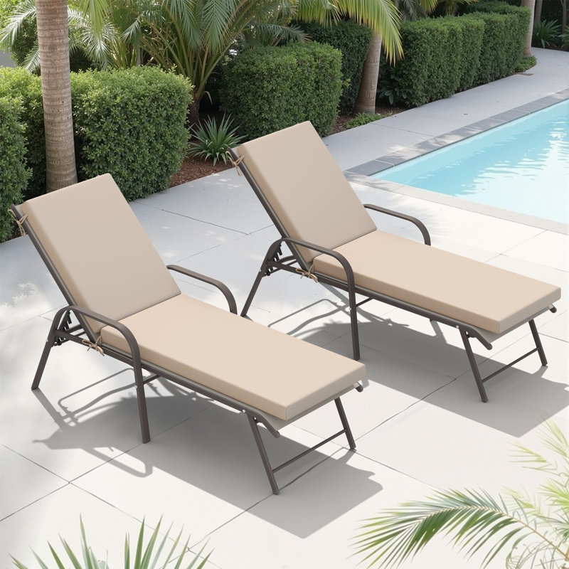 Adjustable Aluminum Outdoor Chaise Lounge Chairs With Removable Cushions (Set Of 2), Beige, Beige/Brown