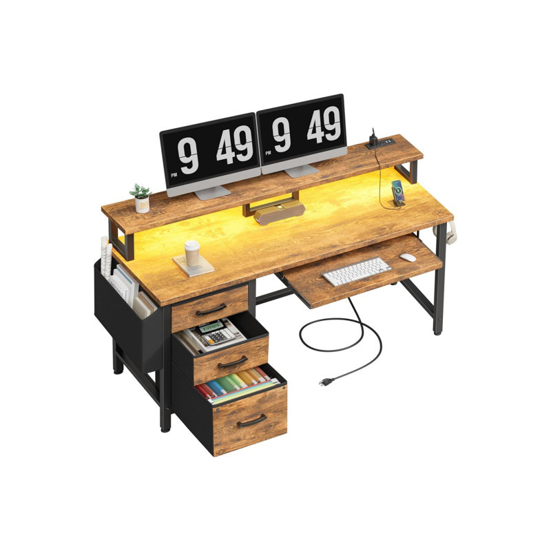 Brown Office Desk With File Cabinet - Computer Desk With Keyboard Tray Drawers Storage Monitor Stand