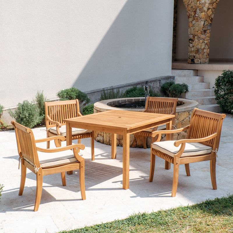 Ensemble repas d'extérieur en teck pour 4 personnes avec coussins Salome, Taupe with Black Piping, Natural Wood