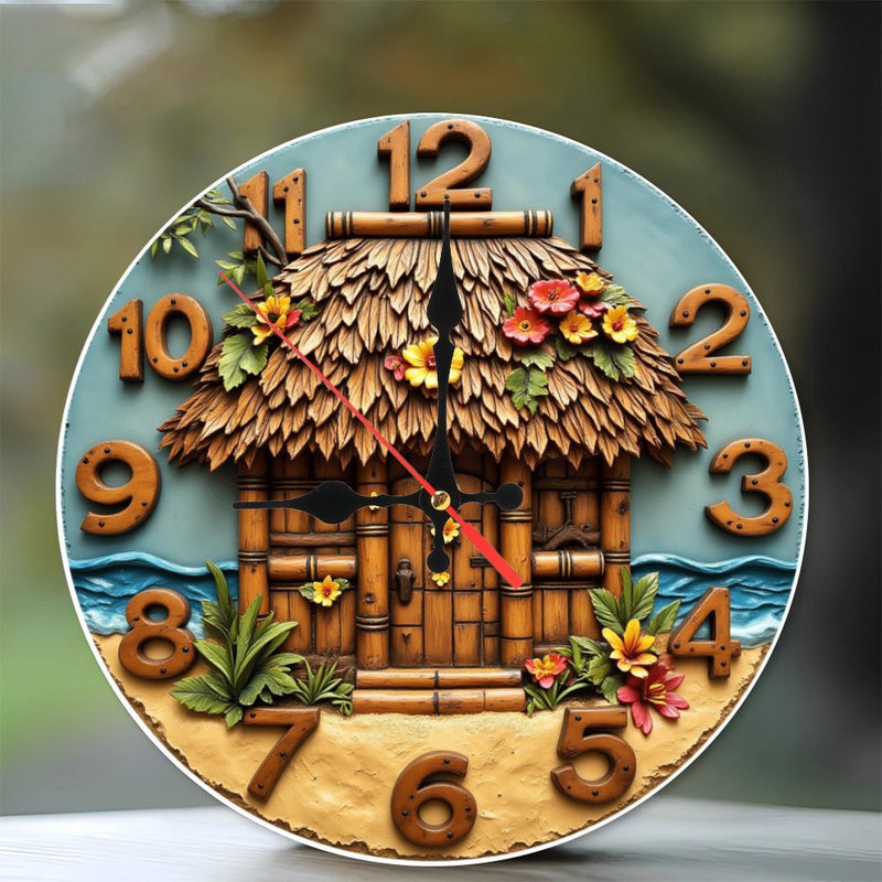 Horloge murale plage hutte fleurs tropicales