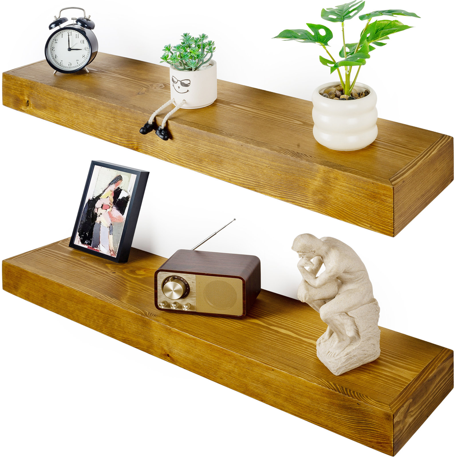 Latitude Run® Rustic 3-inch Thick Wood Floating Shelves, Wide Pine Wall ...