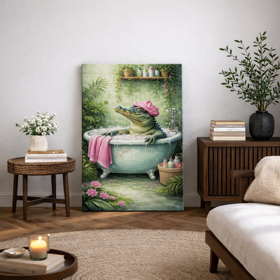 Spa Bathroom Crocodile Relaxing Bathtub Botanical Scene Artwork, Bathroom Pictures, Framed Canvas Giclee Print Wall Art