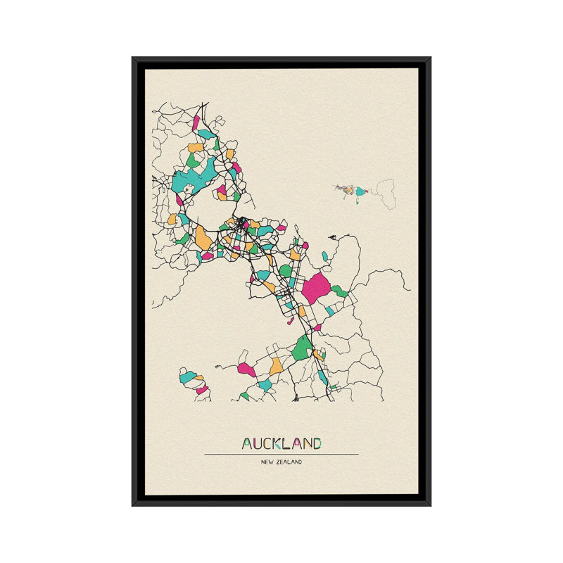 Auckland, New Zealand Map by Ayse Deniz Akerman - Print on Canvas, 101.6 cm H x 66.04 cm W, Black Floater Frame