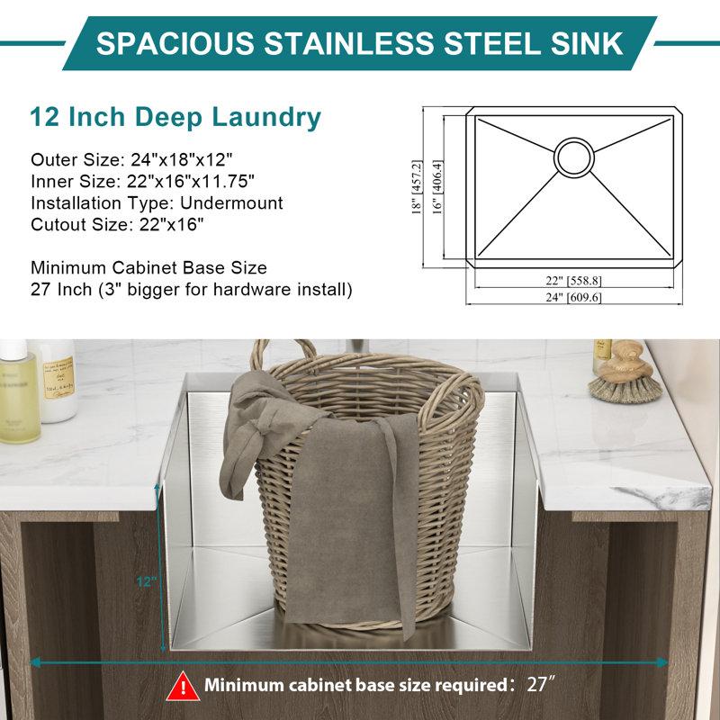 Drop In Utility Sink 16 Gauge Laundry Sink with Bottom Grid, 13" H x 23" W x 19"D, Brushed Nickel
