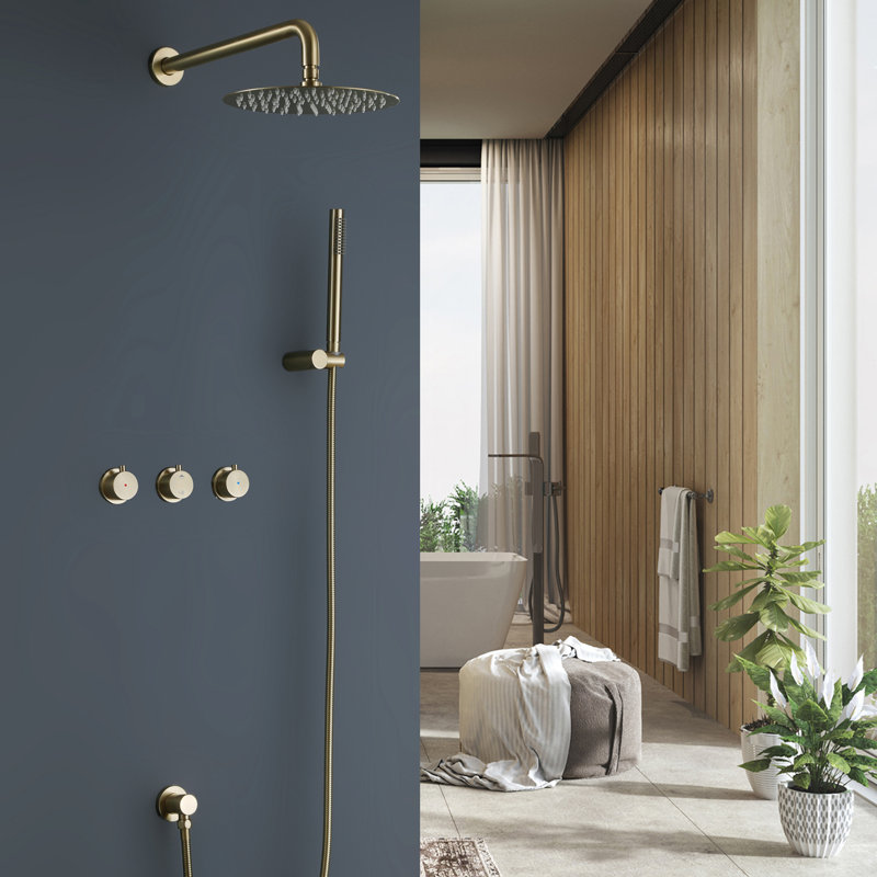 Rain Shower System Set 3 Cross Knobs Mixing, 10 Inch Rainfall Shower Head with Handheld Spray with Rough-in Valve, Gold