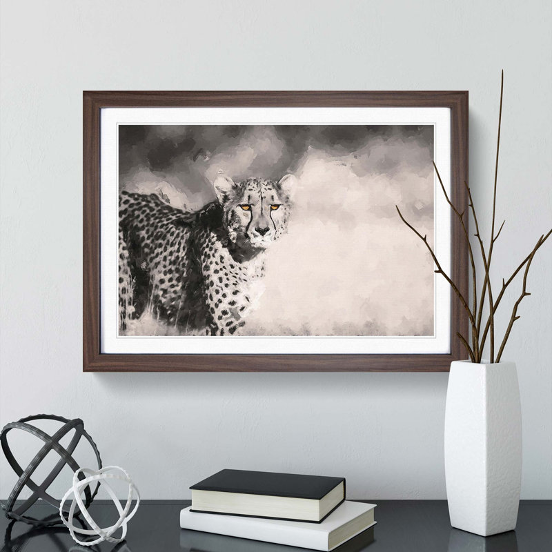 Cheetah with Orange Eyes in Abstract - Picture Frame Graphic Art Print, 36cm H x 48cm W x 2cm D, Walnut Framed