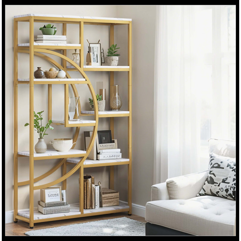 Étagère autoportante avec étagère de 68,9 po et 9 tablettes ouvertes, Blanc / Doré