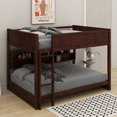 Queen Over Queen Bunk Bed With Built-In Storage Cabinets,Charging Station,Ladder,Safety Guardrails,Solid Pine Wood Bunk Bed
