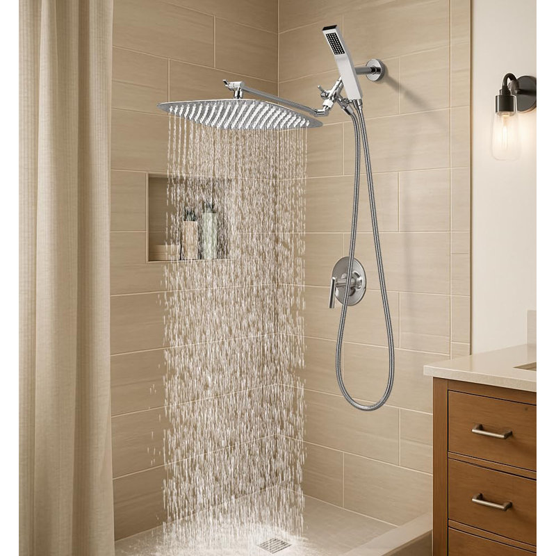 16" Dual Square Shower Head Combo, Rain Shower Head, 3-Way Diverter, 71" Extra Long Hose, Chrome