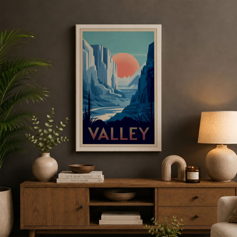 Desert Valley Sunrise Art Deco - Wrapped Canvas, 24x16 - 61.0 x 40.6 cm, Terracotta Border