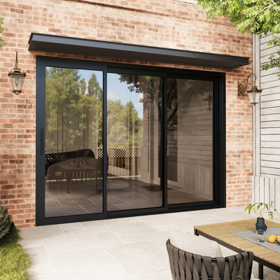  120"W x 80“H Sliding Patio Door Triple Track Design With Black Hardware Kit, Clear Glass