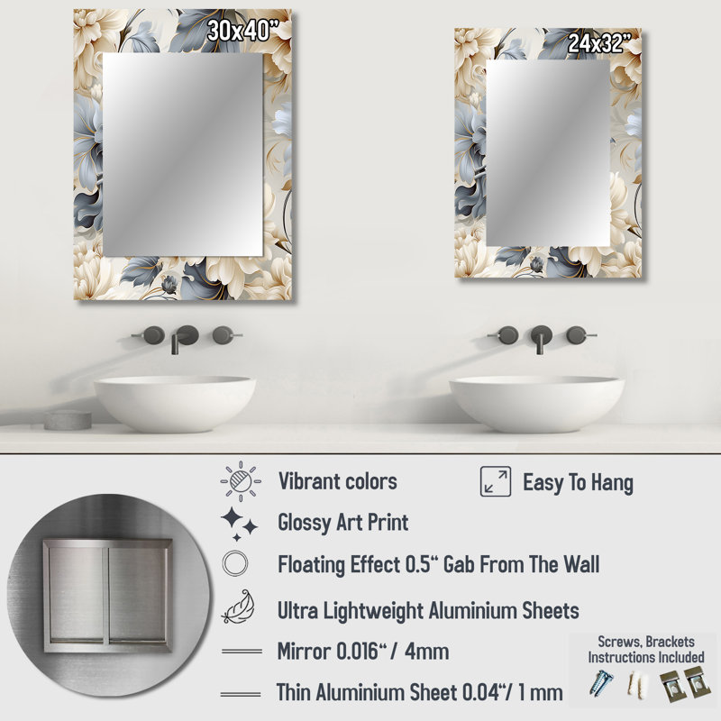 Motif victorien de Lipscomb Ethereal Rococo Flourish - miroir décoratif floral, 32 po x 24 po