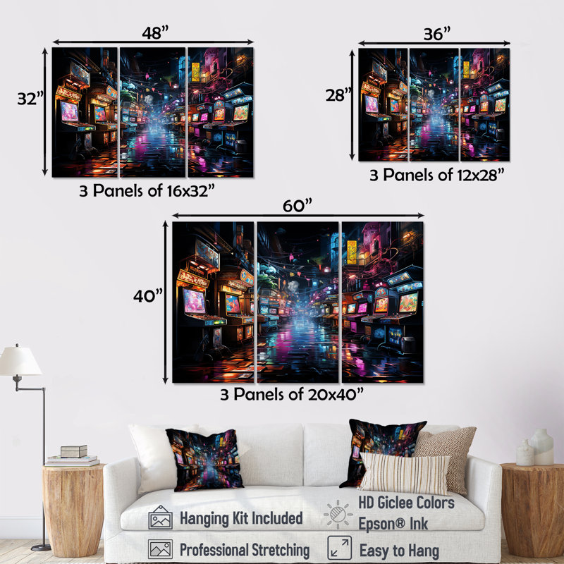 Neon Arcade Video Game Dream - Art mural de jeux vidéo, H 28 po x l 36 po, Toile tendue