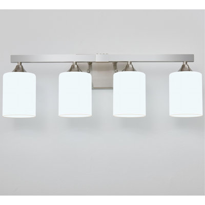 Luminaire pour meuble-lavabo mural 4 lumières en nickel brossé argenté, lampe en métal facile à essuyer résistante aux taches avec abat-jour en verre blanc laiteux, éclairage mural transitionnel pour la salle de bain (sans ampoule)