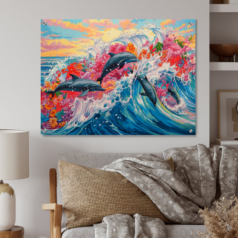 Dauphins colorés - verre d'art mural acrylique, H 30 po x l 40 po