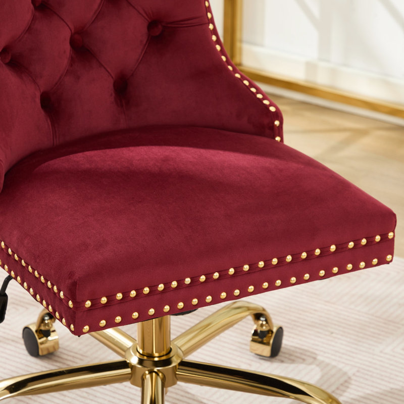 American - Style Wine Red Chair, Velvet Upholstered, Golden Metal Base, Design, Comfortable Triple Elastic Cushion Design Hand Pulled Buttons, Cushion, Deep And Wide Seating