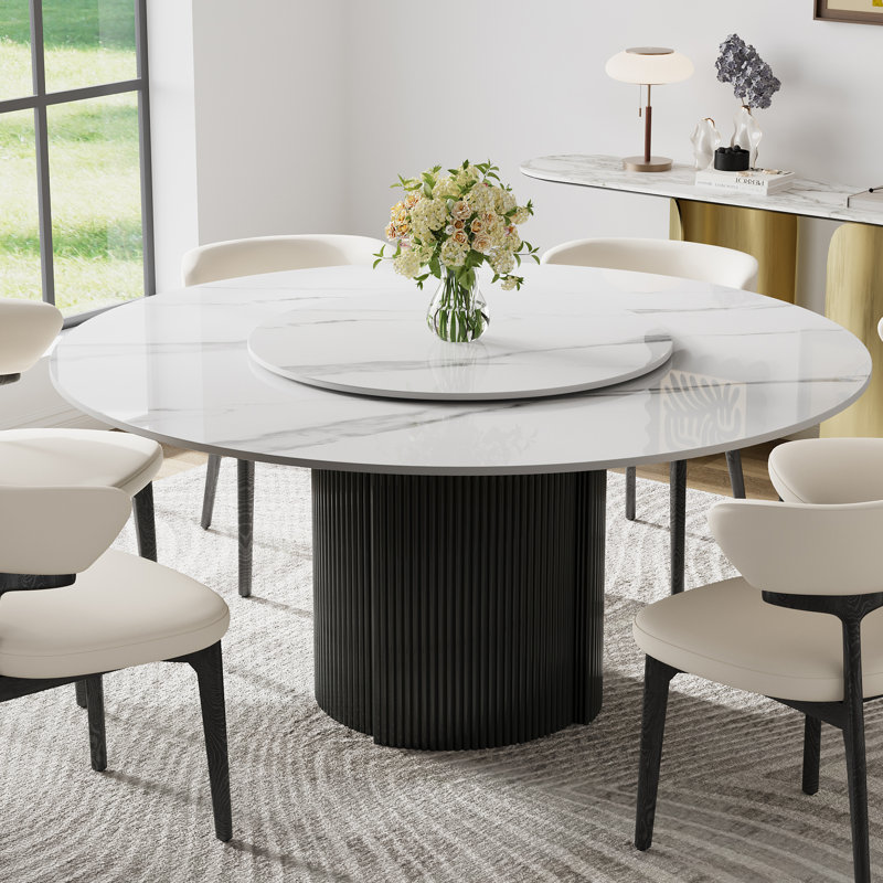 59.08'' Round Dining Table Marble Top with Rotating Turntable, White Circle Dining Table with Black Stainless Steel Base