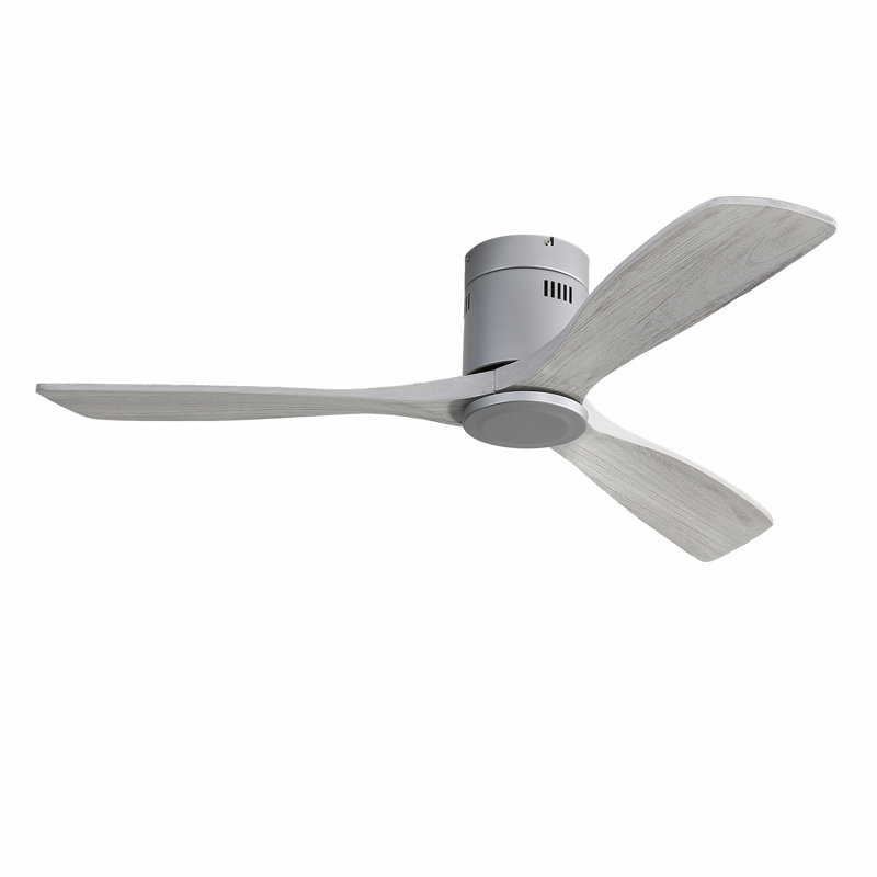 52 Inch Flush Mount Ceiling Fan Dc 3 Carved Wood Fan Blade Noiseless Reversible Motor Remote Control Without Light, Silver