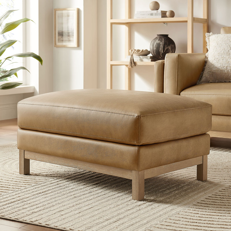 Repose-pieds en cuir Roscoe Vegan, Grillé, Bois naturel