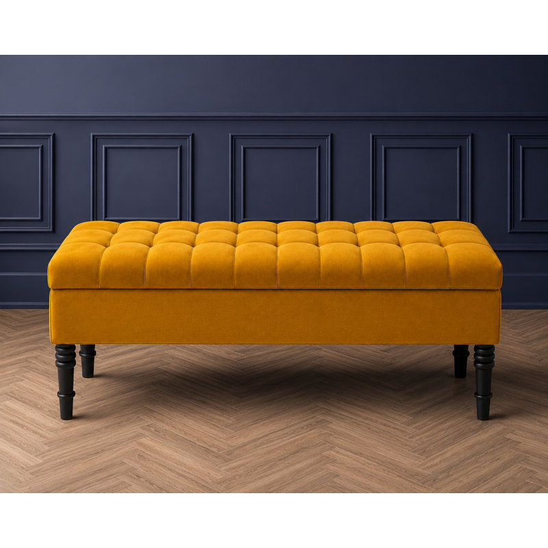 Cubed Tufted Rectangle Ottoman Storage Bench, Upholstered Plush Velvet Shoe Bench with Black Turned Wooden Legs