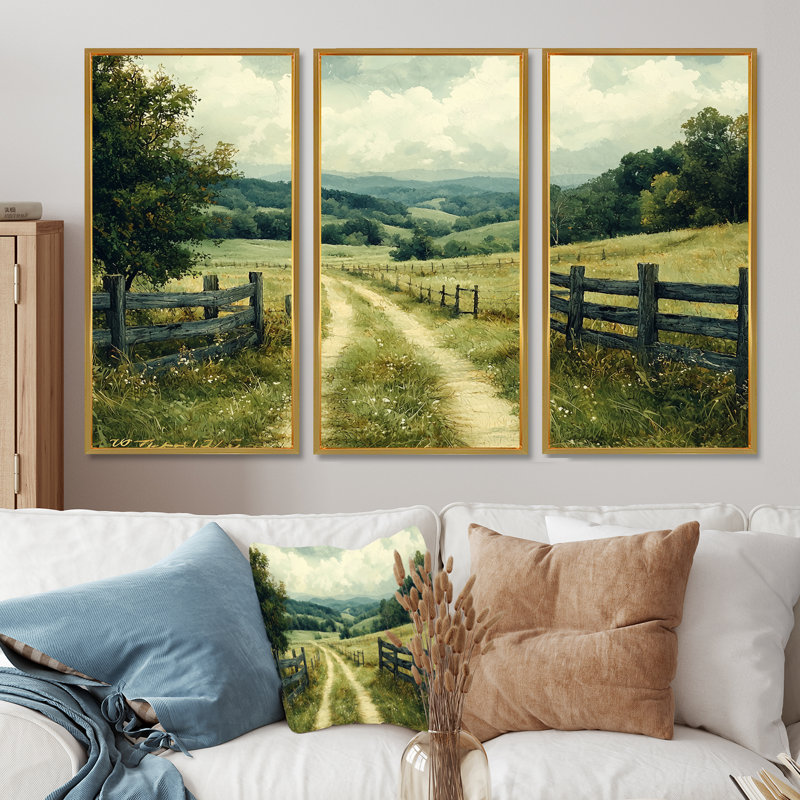 «Green Peaceful Valley I», ensemble d'art mural, H 28 po x l 36 po x P 1 po, Toile avec cadre flottant or