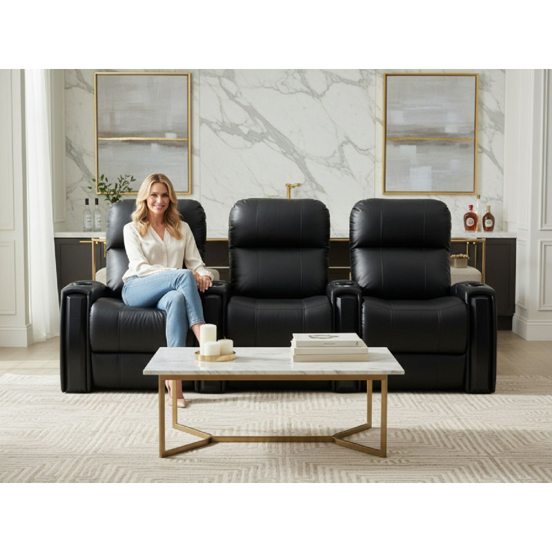 Canapé de cinéma maison en cuir véritable de 102 po de largeur avec porte-gobelet, Cuir véritable noir luxueux, Électrique
