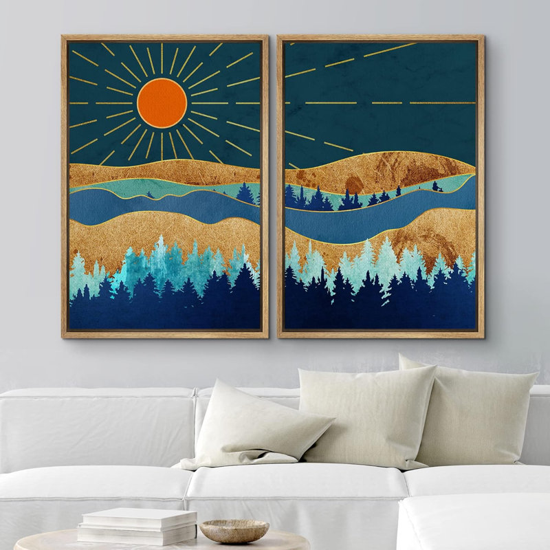 Soleil brillant sur granit bleu doré, impression sur toile 2 pièces