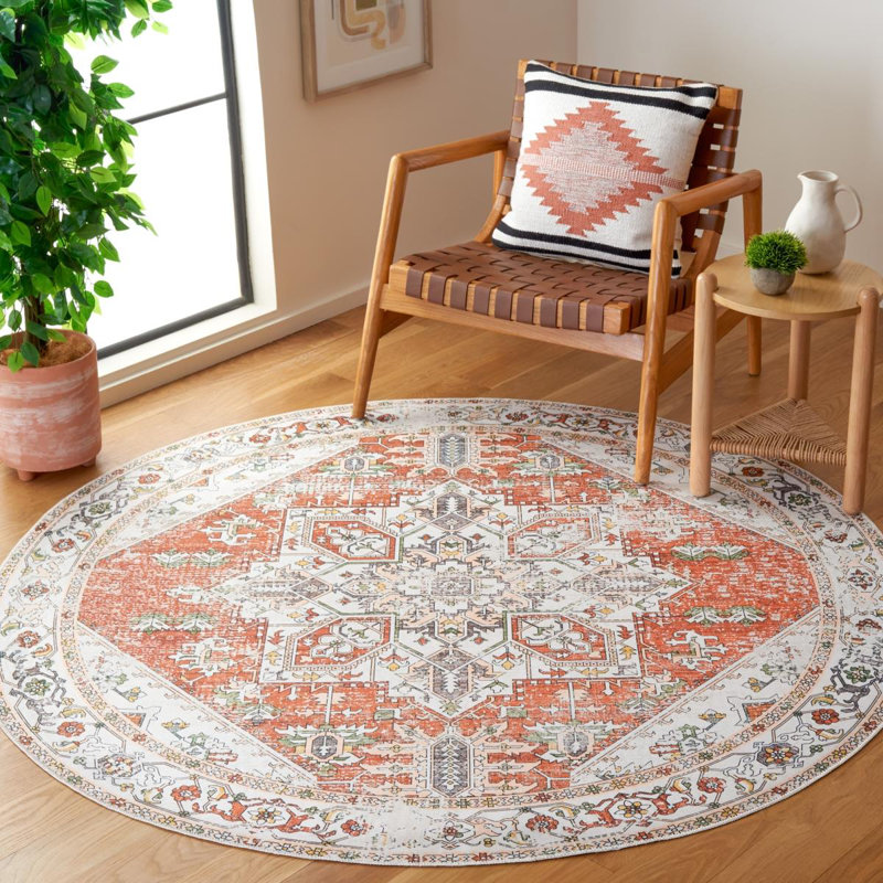 Arizona Oriental Machine Washable Non-Slip Area Rug in Ivory & Red, Round 183cm