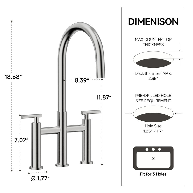 Robinet de cuisine Bridge avec douchette extractible cachée, robinet d'évier de cuisine 3 trous 8 pouces, laiton massif, nickel brossé