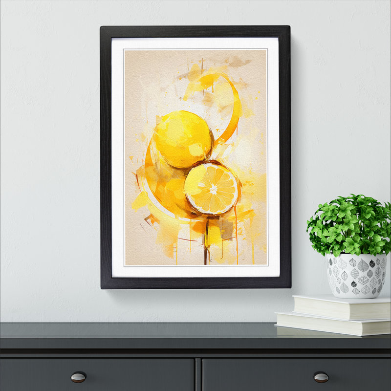 Lemon Fruit Gestural - Single Picture Frame Print on Wood, 64cm H x 46cm W x 2cm D, Black