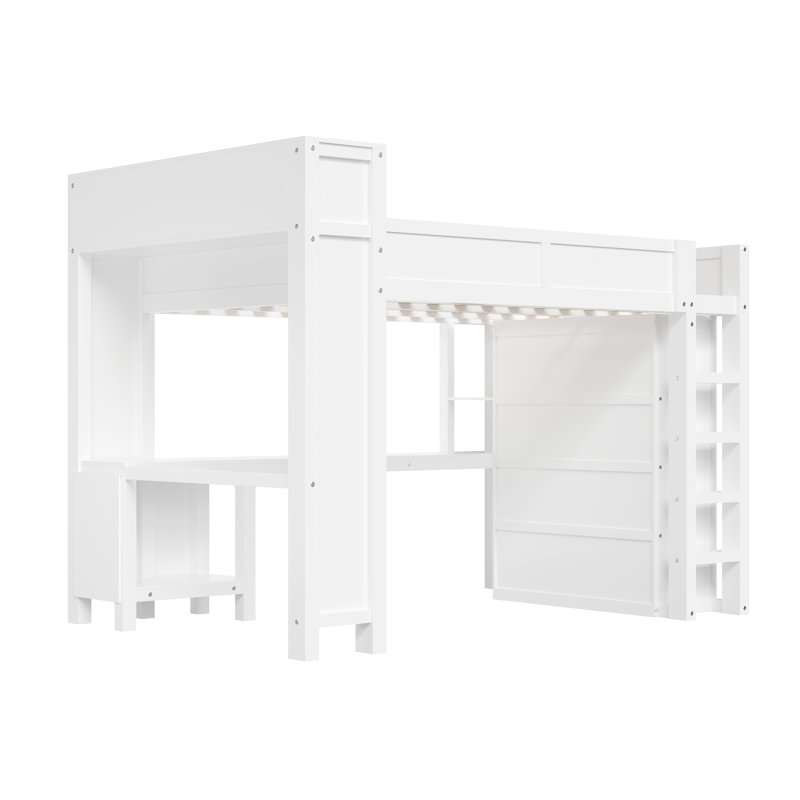 Wooden Queen Loft Bed with Wardrobe, Desk & Storage Headboard with USB Port, Space-Saving Loft Bed, , White