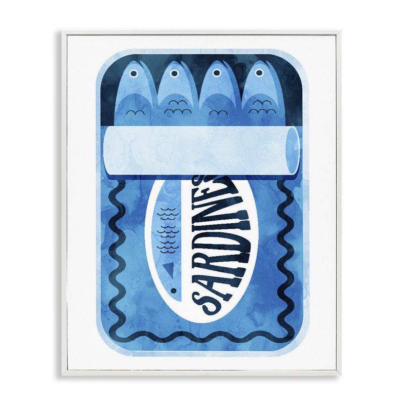 Estampe numérique rétro de sardine bleue encadrée, design par Daphne Polselli, H 20 po x l 16 po
