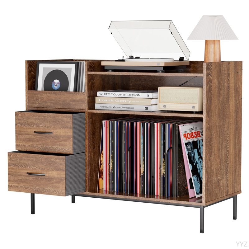 Record Player Stand With Power Outlet & Flip-Down Lid, Turntable Table With Storage For 300+ Vinyls, Media Console With 2 Drawers, 27.6" With Dust Protection, Some Assembly Required