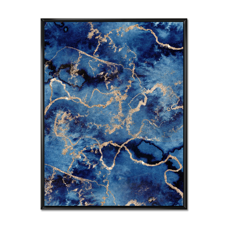 «Blue Gold Infusé liquide I», peinture sur toile, H 44 po x l 34 po, Cadre flottant noir