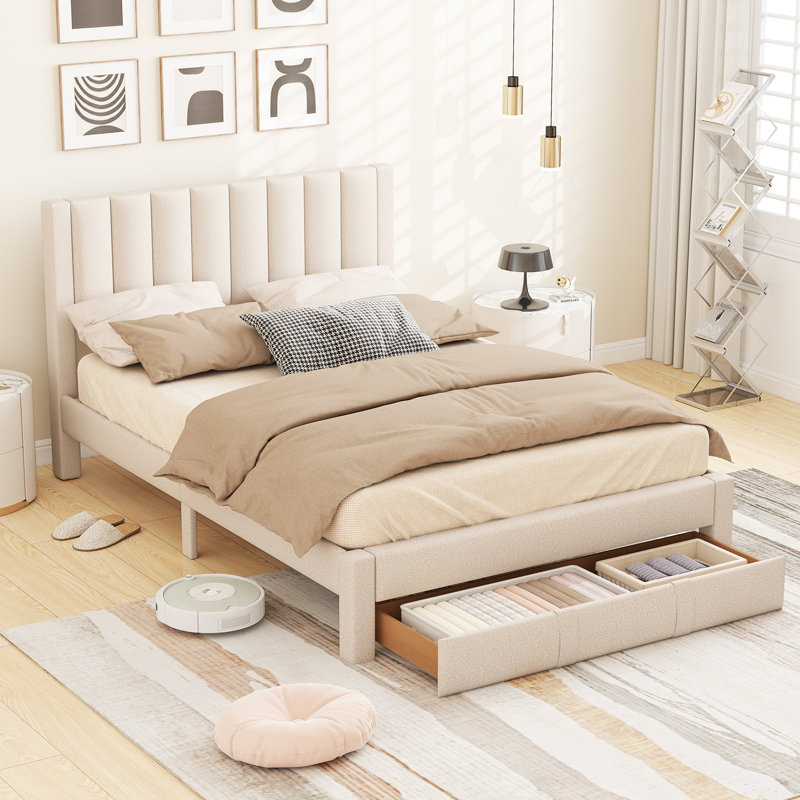 Queen Size Bed Frame w/Storage Drawer & Vertical Channel Headboard, Beige