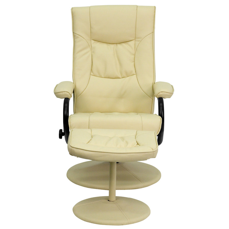 Contemporary Multi-Position Recliner and Ottoman with Wrapped Base, Cream
