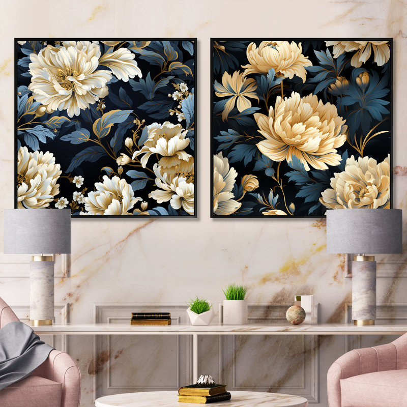 Lilya - Ensemble de 2 collages carrés floraux, Cadre flottant noir, H 30 po x l 61 po